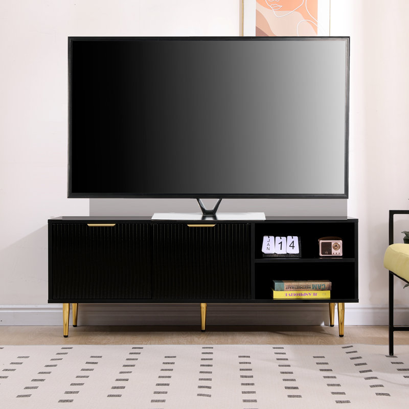 Modern TV Stand Cabinet with Ribbed Fluted Doors with legs for up to 60" TV's, Black