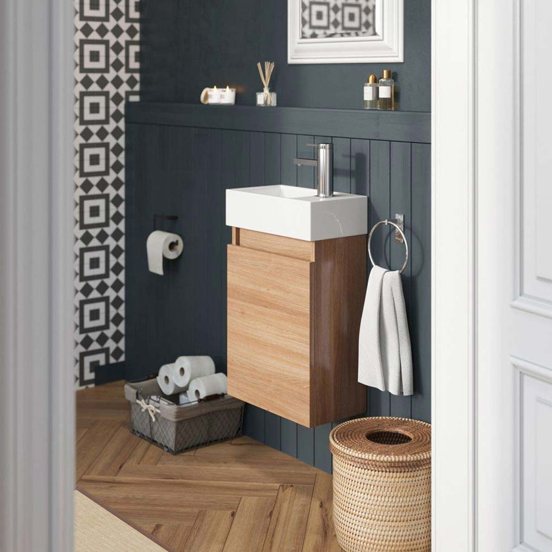 Kratos 390mm Single Bathroom Vanity with Integrated Polymarble Basin, Light Wood, Concrete Oak