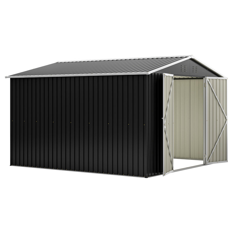 10x10 Ft Outdoor Metal Shed With Lockable Doors. Galvanized Steel. Ventilation Openings & Waterproof Roof. Black. For Lawn, Backyard, Patio Use Storage Shed. Doors, Structure. Steel, Ventilated,