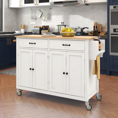 Chariot pour îlot de cuisine en bois massif blanc avec armoire à 4 portes avec tablettes réglables, 2 tiroirs, porte-épices et porte-serviettes, roues verrouillables