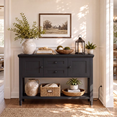 Console Farmhouse de 41,7 po de largeur avec prise de courant et ports USB, 2 armoires, 2 tiroirs, canapé d'entrée, table de rangement latérale pour le salon, le café et le couloir