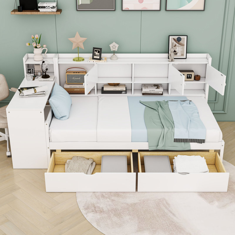 Lit de jour en L avec rangement spacieux et bureau d'étude, Simple, Blanc