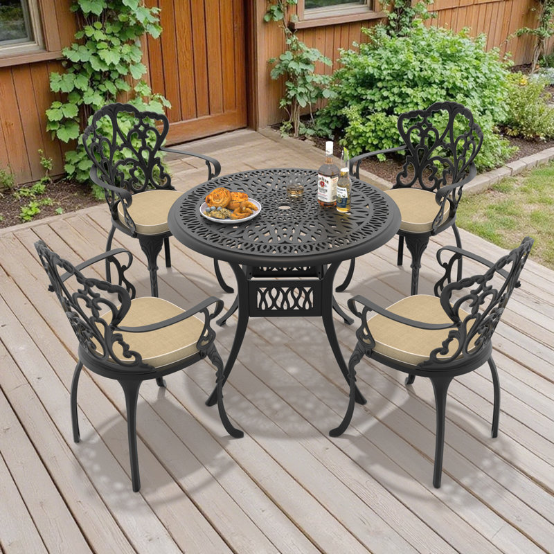 5-Piece Patio 35.43" Round Dining Set with Umbrella Hole, 5 Armchairs with Beige Cushions, 22.05'' D x 21.65'' W x 35.83'' H