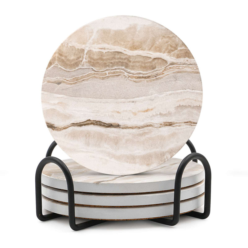  Ensemble de sous-verres en céramique 4 po avec support 4 po - 4 pièces, Marbre brun