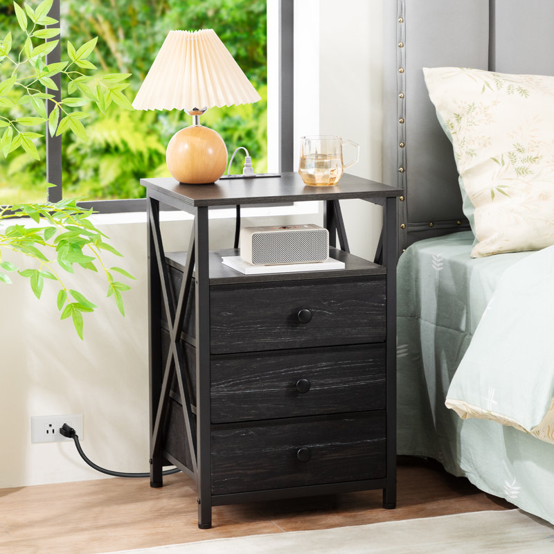 Table de chevet DEL 23,62 po avec 3 tiroirs et staton de charge, Dark Grey