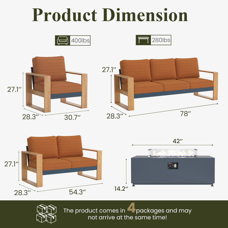  5 Pieces Aluminum Patio Furniture Set With Fire Pit Table, Oversized Seat With Hight Back Outdoor Conversation Sets, Orange