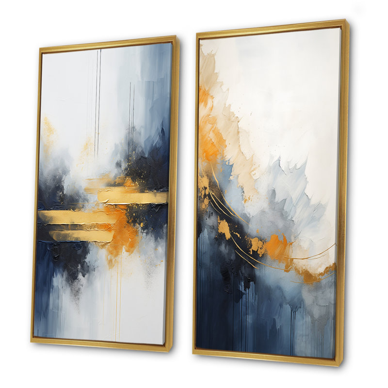 Tempête de marbre bleu et jaune IV - ensemble de 2 peintures murales abstraites, Cadre flottant doré, H 28 po x l 25 po