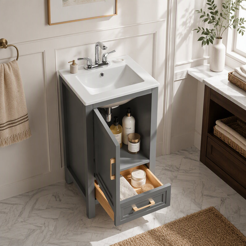 Meuble-lavabo simple autoportant de 18 po avec plateau en céramique entièrement assemblé, Grey