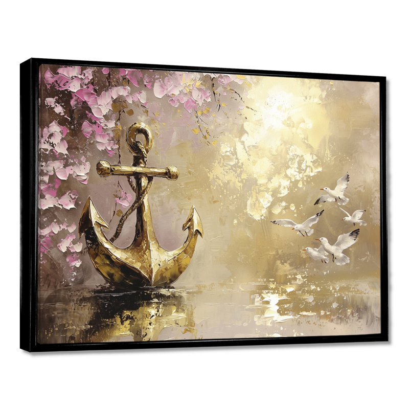 Ancre et mouettes II - décoration murale bord de mer, Impression dans un cadre flottant sans passe-parto, Noir