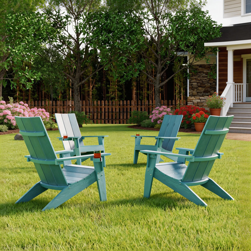 Ensemble de 4 chaises Adirondack modernes en plastique pour l'extérieur avec support pour tasses Aurra, Bleu