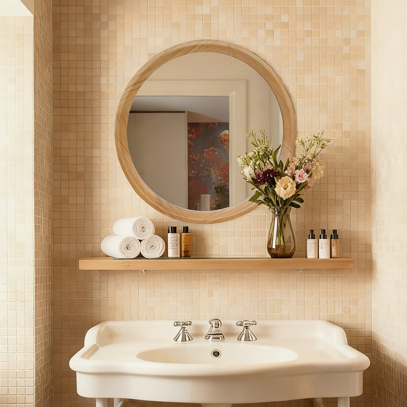 Miroir mural rond en bois naturel, 23,62 po