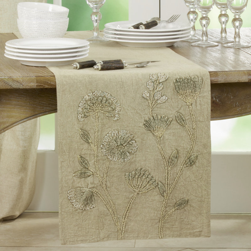 Taupe Floral Embroidered Cotton Table Runner