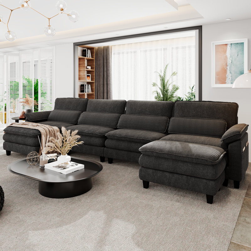 156"  U-Shaped Modern Modular Compressed Corduroy Fabric Sofa, Gray