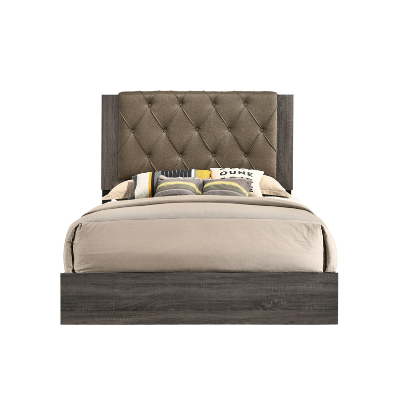Lit EK Avantika en tissu et finition chêne gris rustique