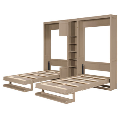 109.3" L Space-Saving Dual Twin Wall Murphy Beds with Two Tall Cabinets Four Open Shelves Antique Gray Finish