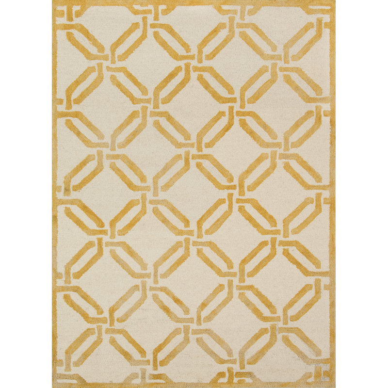 Tapis jaune / ivoire en laine crocheté à la main à motif géométrique Cutlip, Rectangle 5 pi x 7 pi