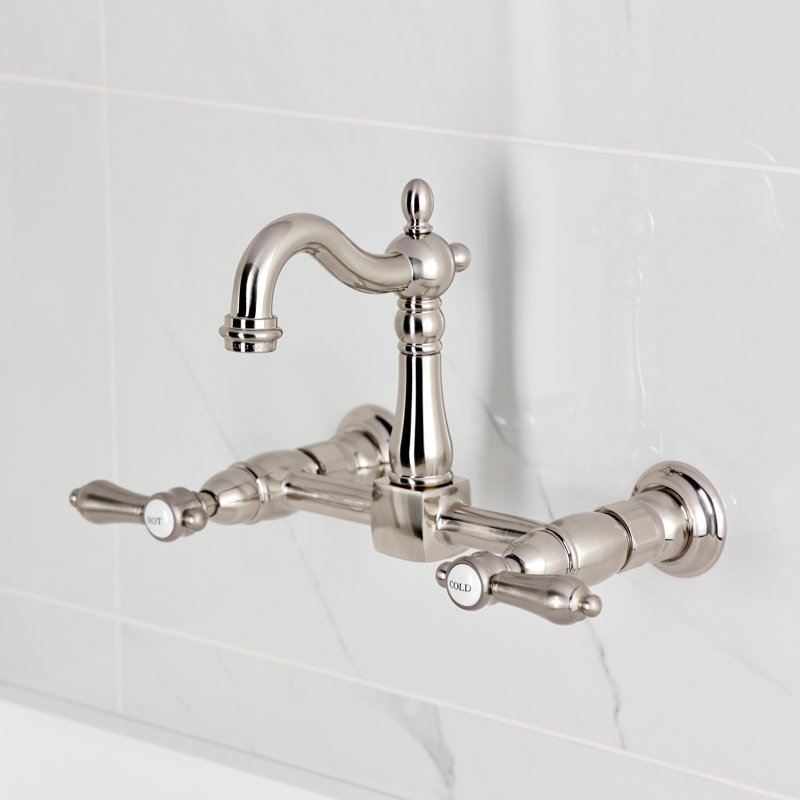Kingston Brass Heirloom Double-Handle 2-Hole Wall-Mount Bridge Kitchen Faucet, Brushed Nickel