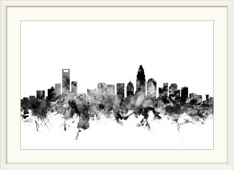 «Charlotte North Carolina Skyline» par Francy, impression, H 28 po x l 38 po x P 1 po, Cadre blanc