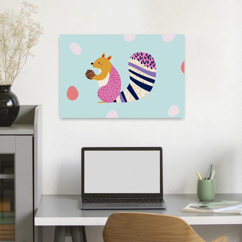 Impression d'art mural fantaisiste écureuil avec gland coloré et ludique, forêt naturelle, H 16 po x l 24 po