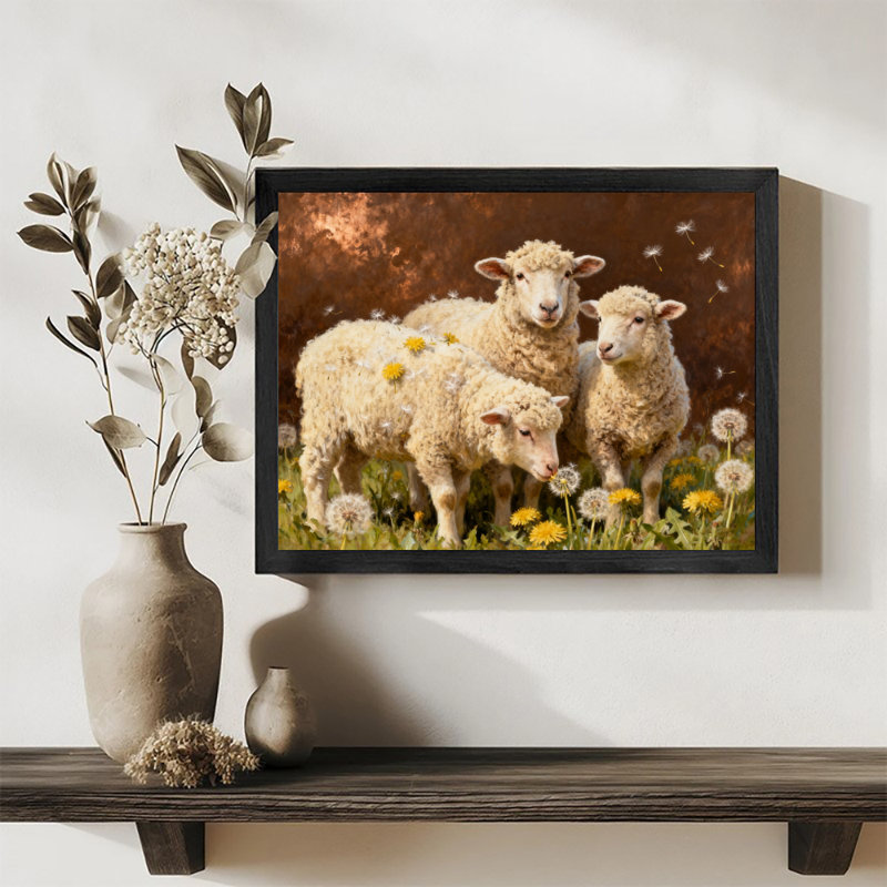 Reproduction d'art encadré noir, petit agneau mignon et douillet, style rétro, H 25 po x l 37 po