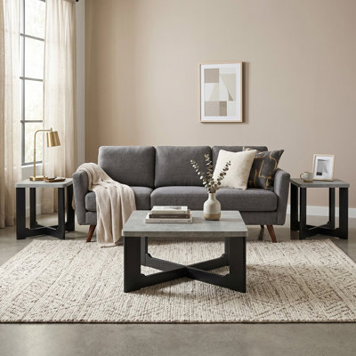 Roundhill Furniture Levitus Modern 3-Piece Square Coffee Table Set, Faux Concrete Tabletop with Black Wood Grain Finish