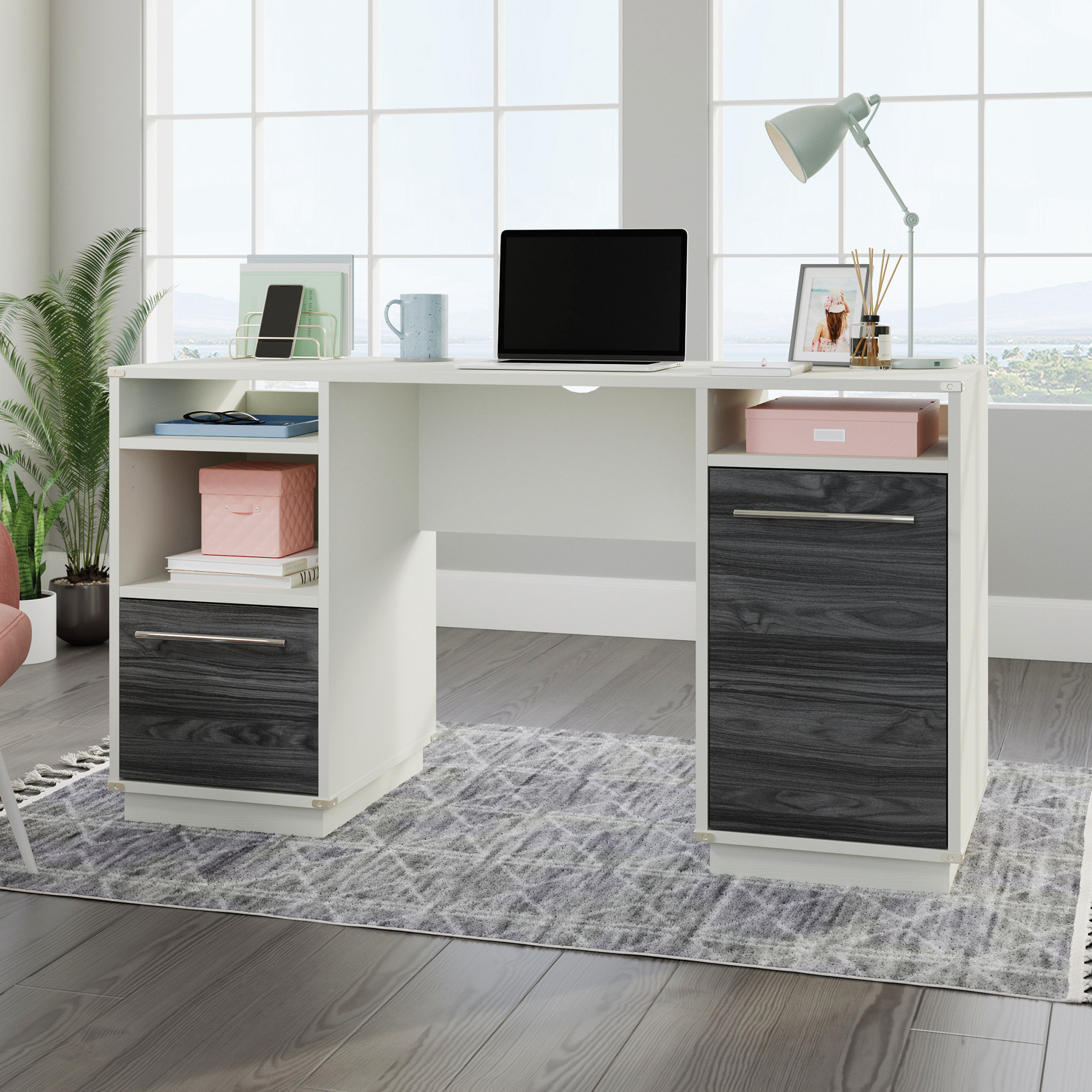 Computer Desk with 3 Drawers, 1 Door and 1 Storage Shelf, Office Desk with Drawers Latitude Run Color: White