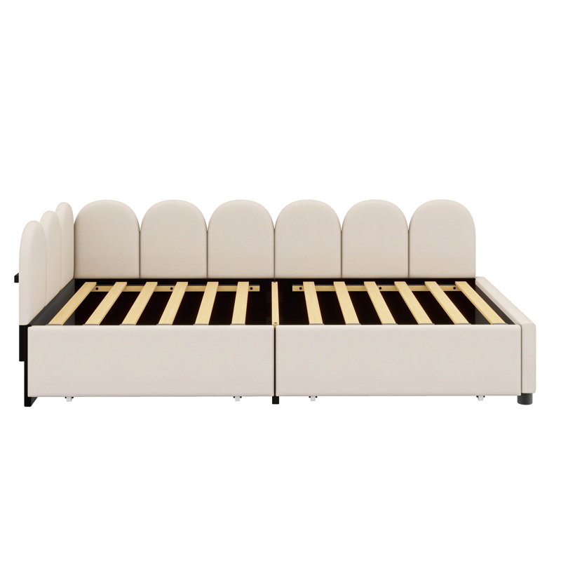 A Twin-Sized Velvet Upholstered Daybed With Two Built-In Drawers, Beige, Twin