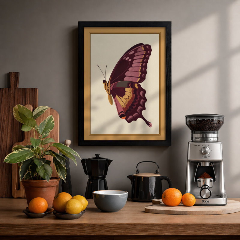 Plum Butterfly Study Botanical - Framed Print, A2 - 59.4 x 42.0 cm, Black