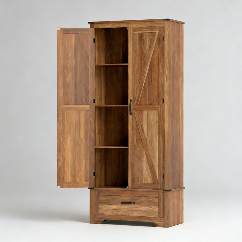 Farmhouse Pantry Cabinet with Adjustable Shelves and Barn Doors for Flexible Kitchen Storage Solutions.
