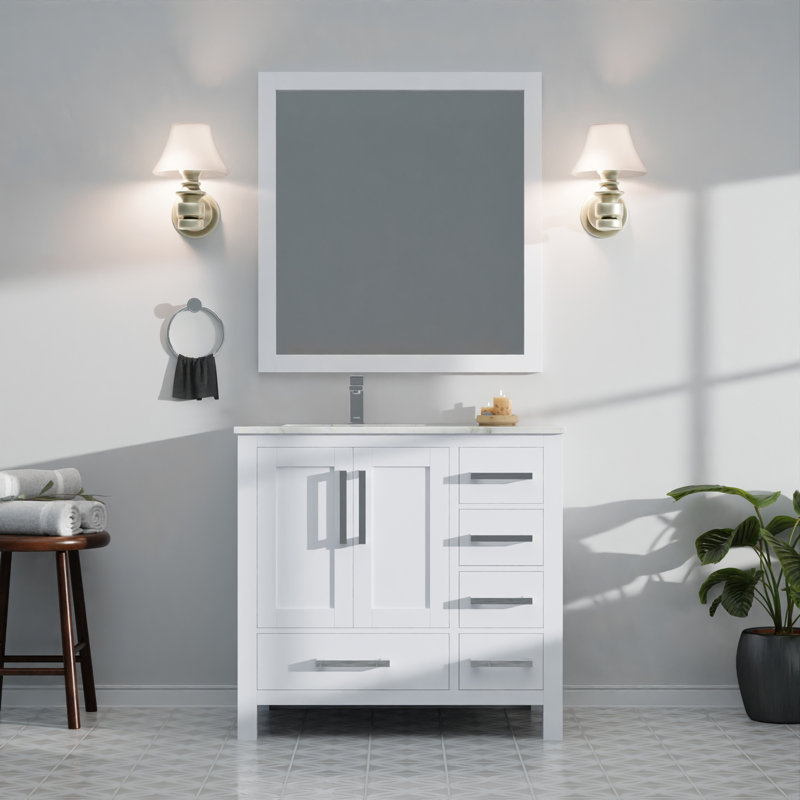 Ensemble de meuble-lavabo avec comptoir en marbre de Carrare décalé à gauche et robinet, Blanc