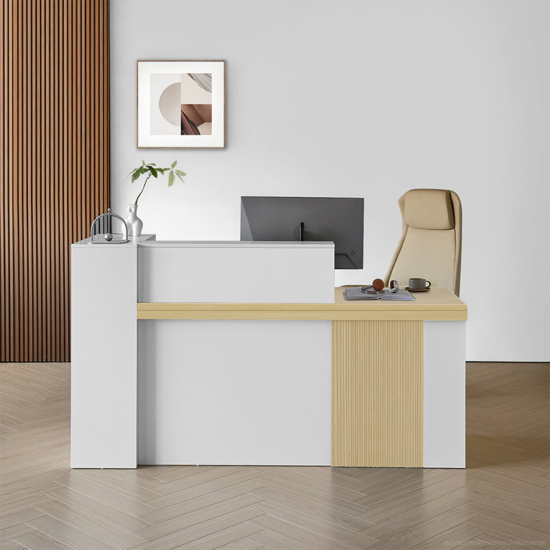Bureau de réception ergonomique de luxe avec lumières DEL et rangement sécuritaire - Plateau en bois avec support blanc