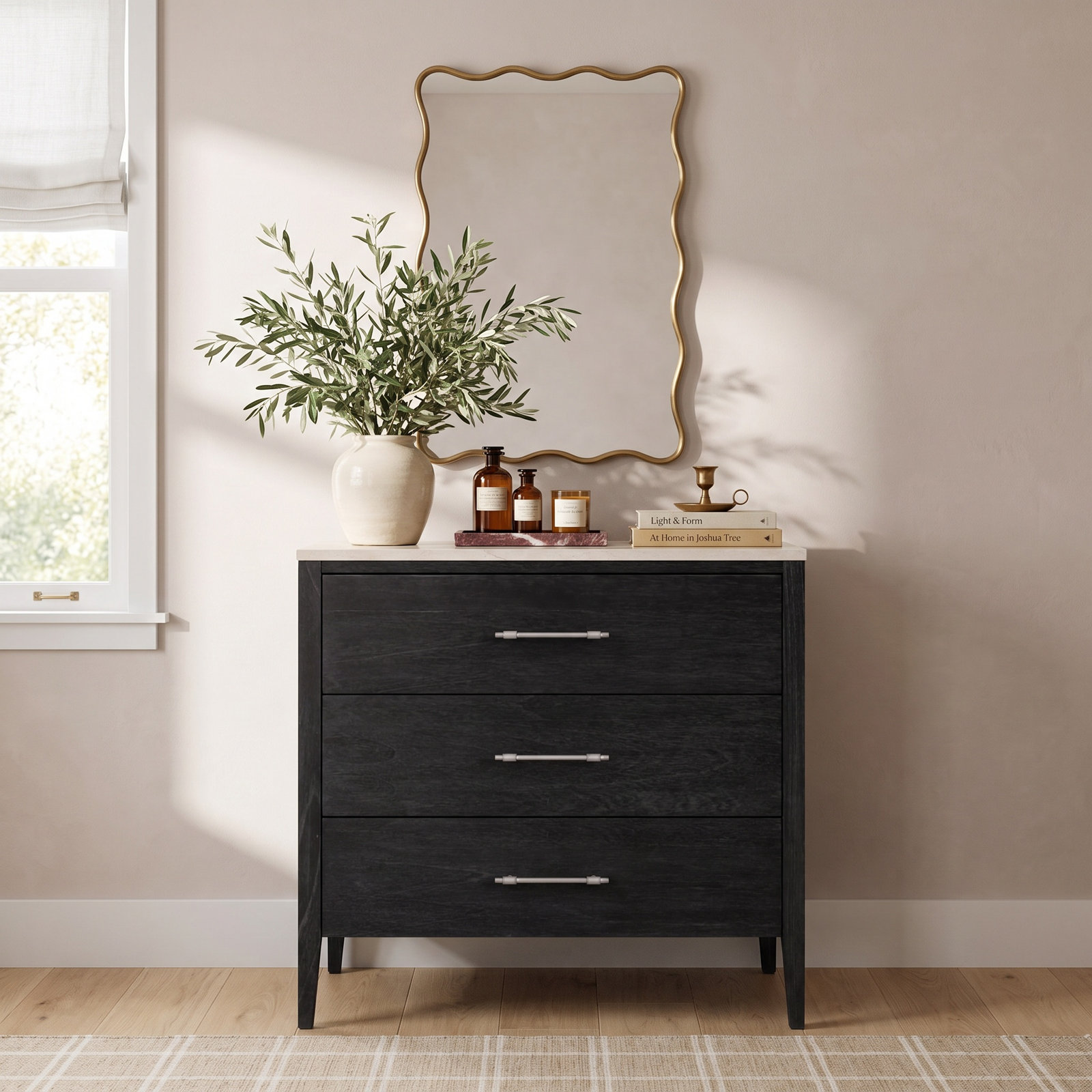 33" Genuine Marble Dresser, Washed Black/Ivory