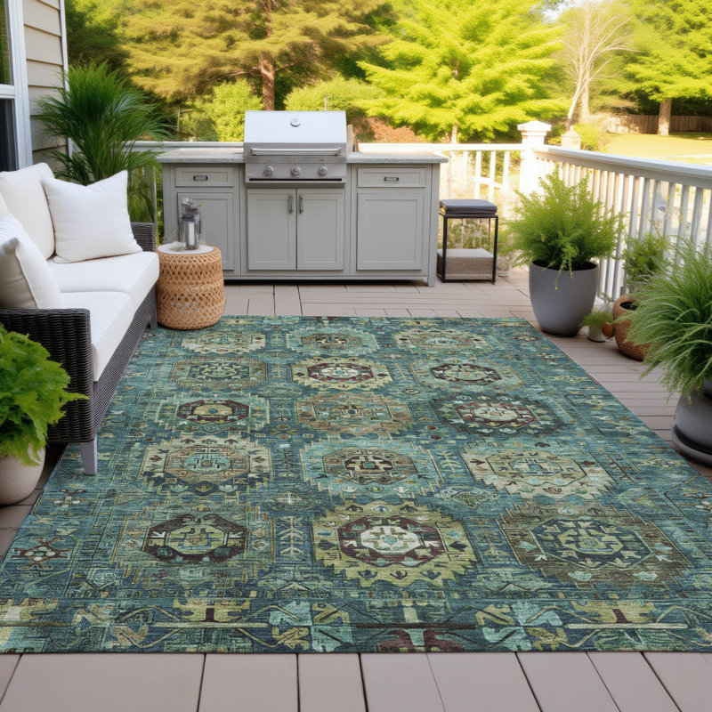 Tapis bleu sarcelle lavable à la machine intérieur / extérieur Xhevrie, Rectangle 10 pi x 14 pi