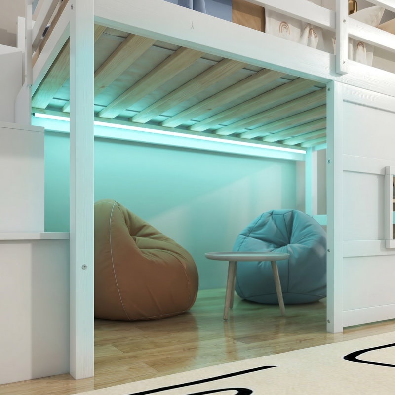 Lit mezzanine simple blanc avec lumières DEL et escalier de rangement | Lit d'enfant Playful, Blanc