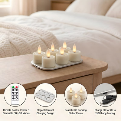 Rechargeable 3D Moving Flame Pillar Candles With Charging Base & Remote And Timers (Set of 6)