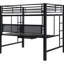 Lit mezzanine double poste de travail complet en noir, avec échelles, garde-corps et espace de travail spacieux pour lit de productivité, finition noire, plateau de rangement pour clavier