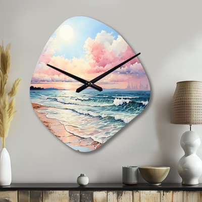Rose Beach Breezes - horloge asymétrique en métal sable de plage, impression d'horloge en métal de forme unique rose