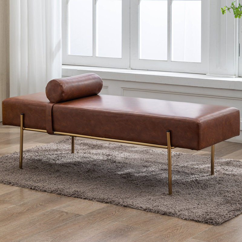 Brown Faux Leather Upholstered Bench with Gold Legs and Pillow