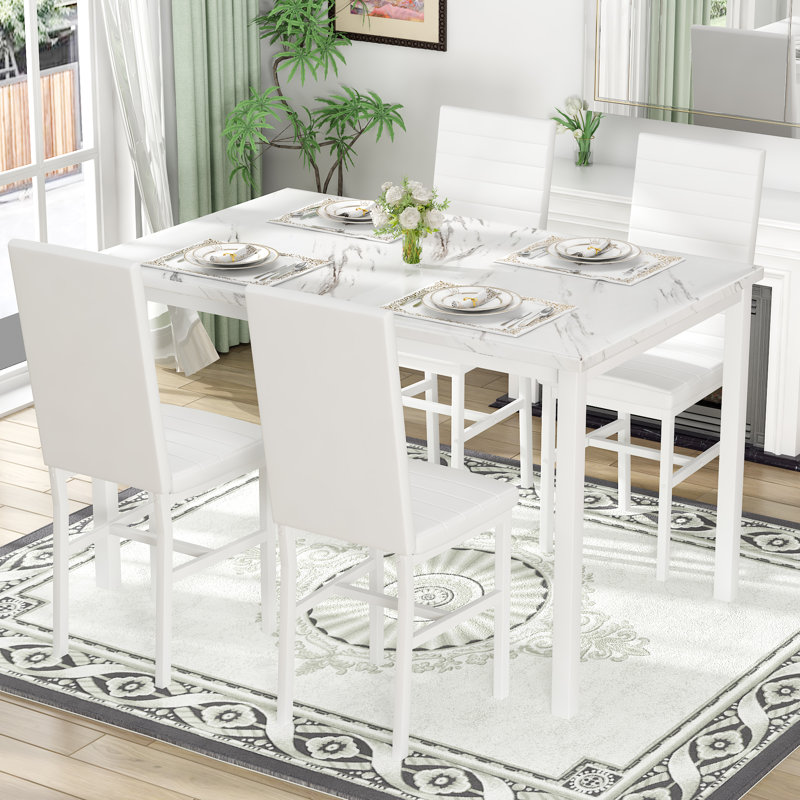 4 - Person Faux Marble Top Four Leg Dining Set, White, White