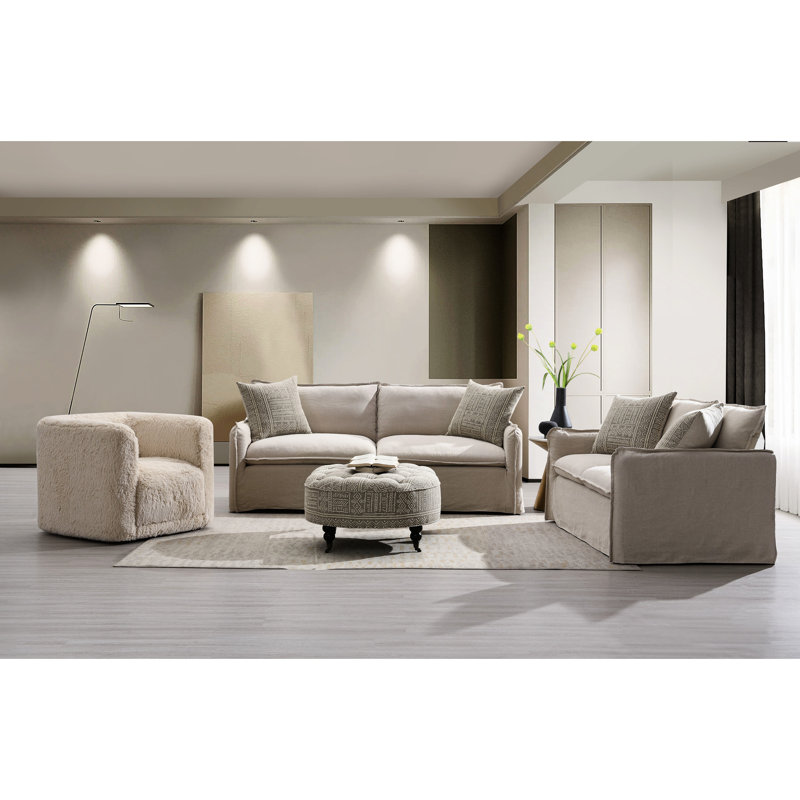 Confortable 2 pièces en lin beige avec des matériaux et des coussins moelleux Dimensions généreuses - sièges spacieux