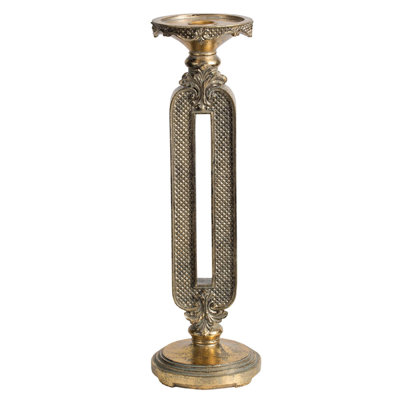 Candle Holder, Antique Gold Tabletop Accent, 14 Inch Keyhole Stem