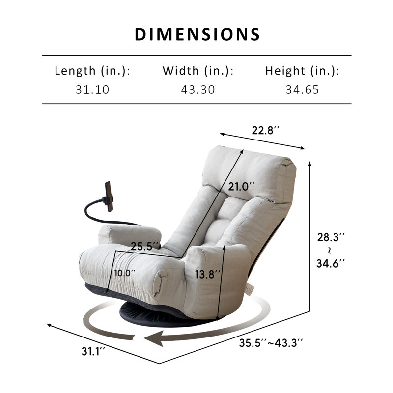 Lounge Chair With Adjustable Backrest And Headrest, 360° Rotatable With Mobile Phone Holder, Gray