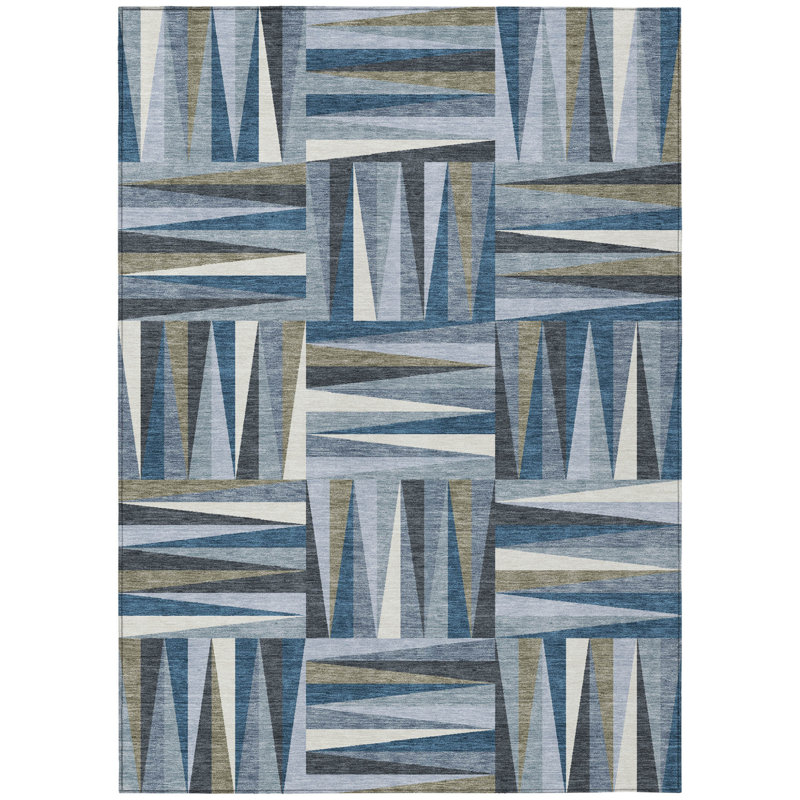 Tapis extérieur lavable à motif géométrique 10 pi x 14 pi bleu gris et ivoire