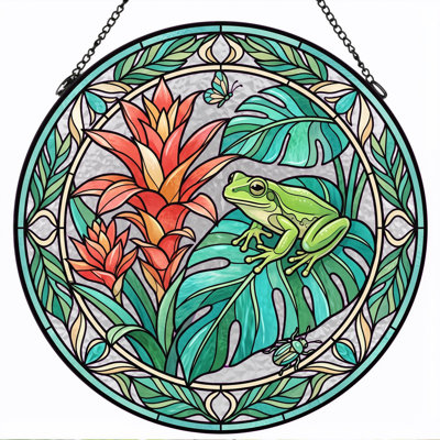 Tropical Frog Stained Glass Window Panel，7.8H