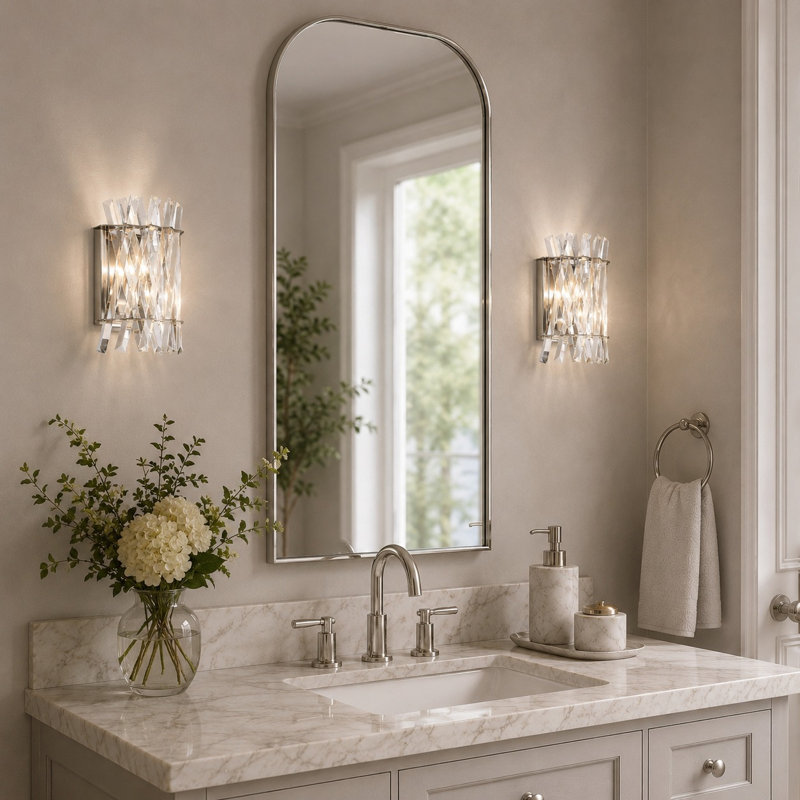 Applique murale moderne à 2 lumières en nickel poli de 19,7 cm (7,75 po) avec accents de cristal superposés, idéale pour le miroir de salle de bain et les toilettes.