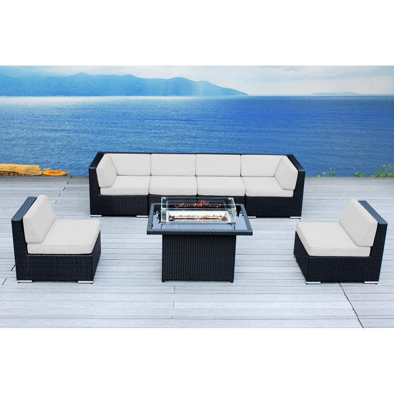 OceanCity 6 - Person Outdoor Seating Group with No Assembly Sectional and Fire Table, Sunbrella Beige