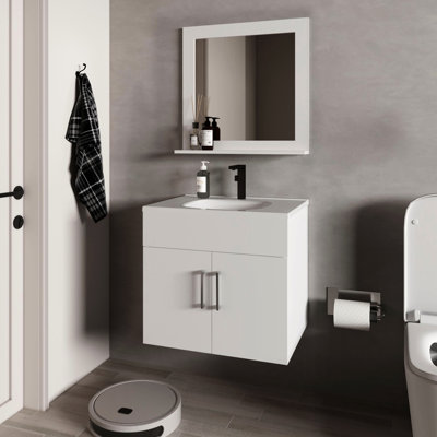 Meuble-lavabo flottant blanc à 2 portes pour salle de bain avec lavabo et miroir - hauteur 21 pouces, largeur 24, panneau de particules, lavabo d'apparence propre, fonctionnalité spacieuse