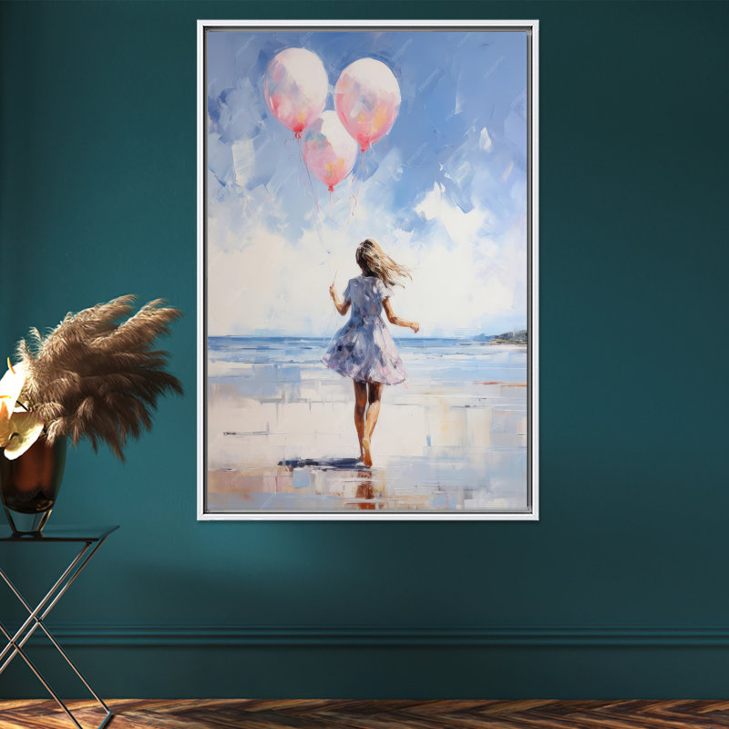 «Elegant Girl with Ballons», impression sur toile: art de plage bleu, 1 toile blanche encadrée, 67 po H x 47,3 po l