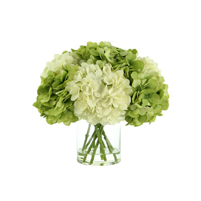 Green & White Hydrangea in Acrylic Water Vase