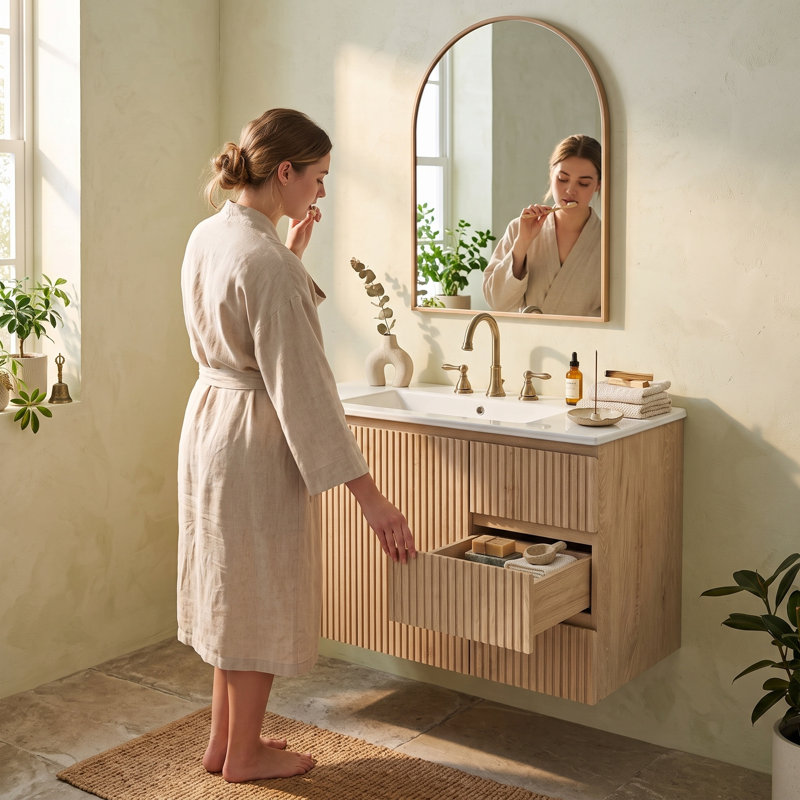 Meuble-lavabo mural traditionnel de 91 cm (36 po) avec lavabo en céramique, armoire de rangement avec 3 tiroirs et charnières à fermeture silencieuse.